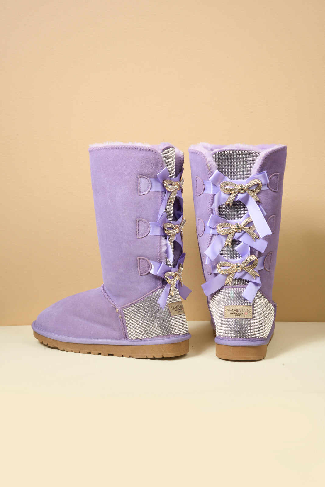 UGG Rhinestone Ribbon Tri-Tie Bow Suede Boots - Lavender