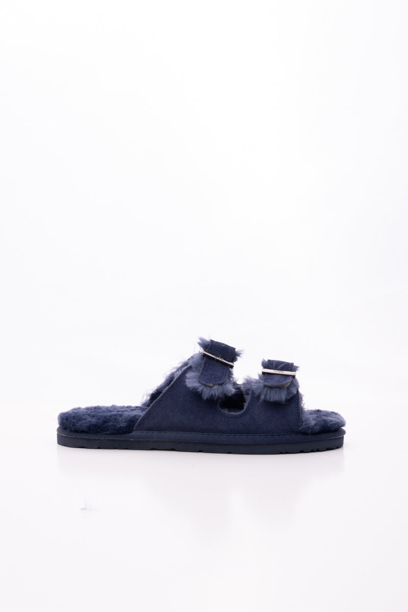 UGG Woolen Lined Double-Strap Suede Sandal - Navy