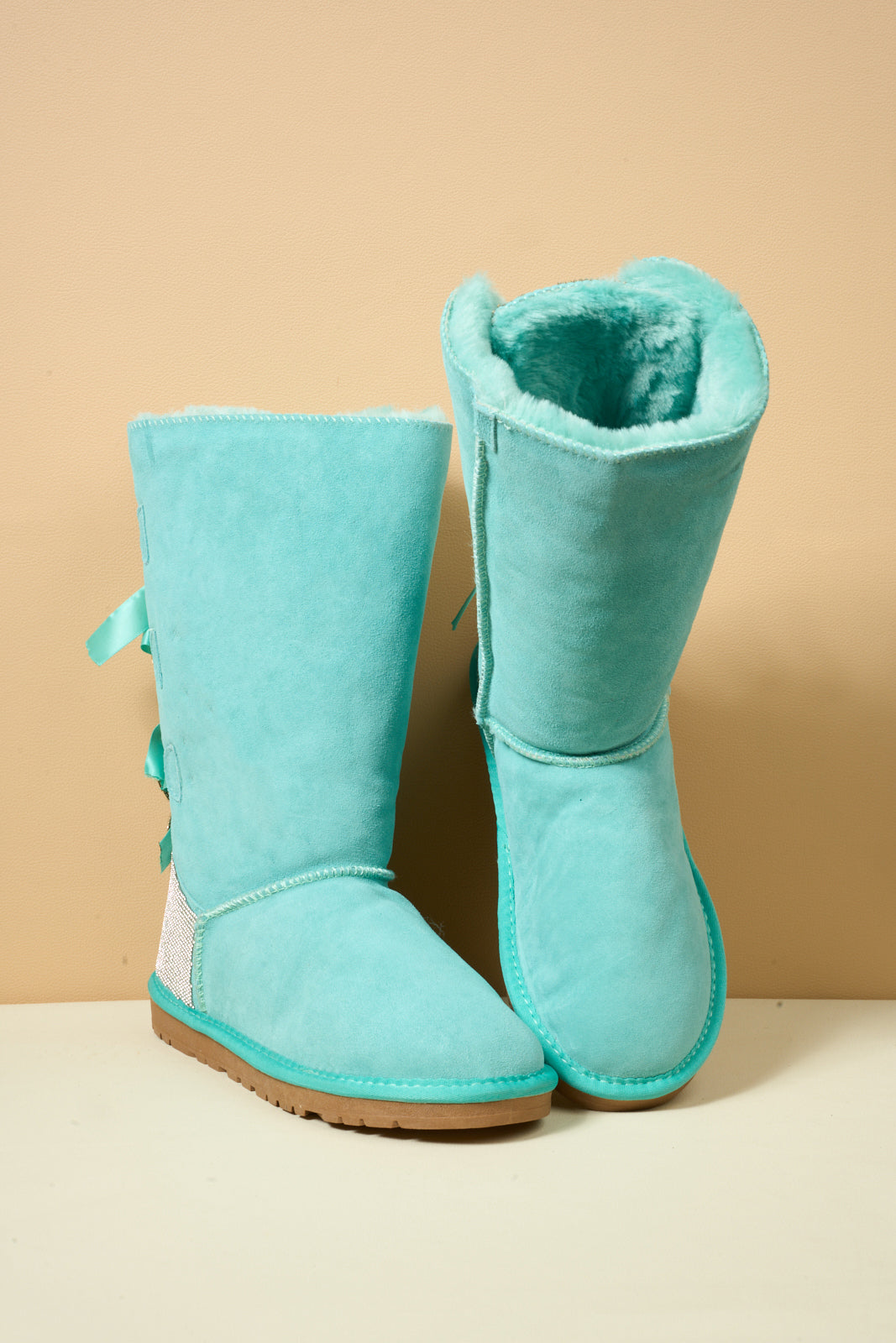 UGG Rhinestone Ribbon Tri-Tie Bow Suede Boots - Turquoise