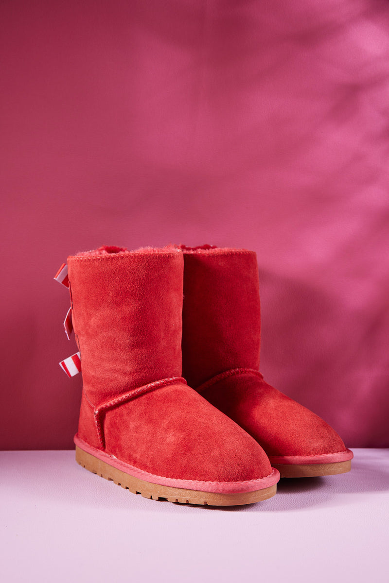UGG Serenity Striped Bailey Bow Shearling Boots - Red