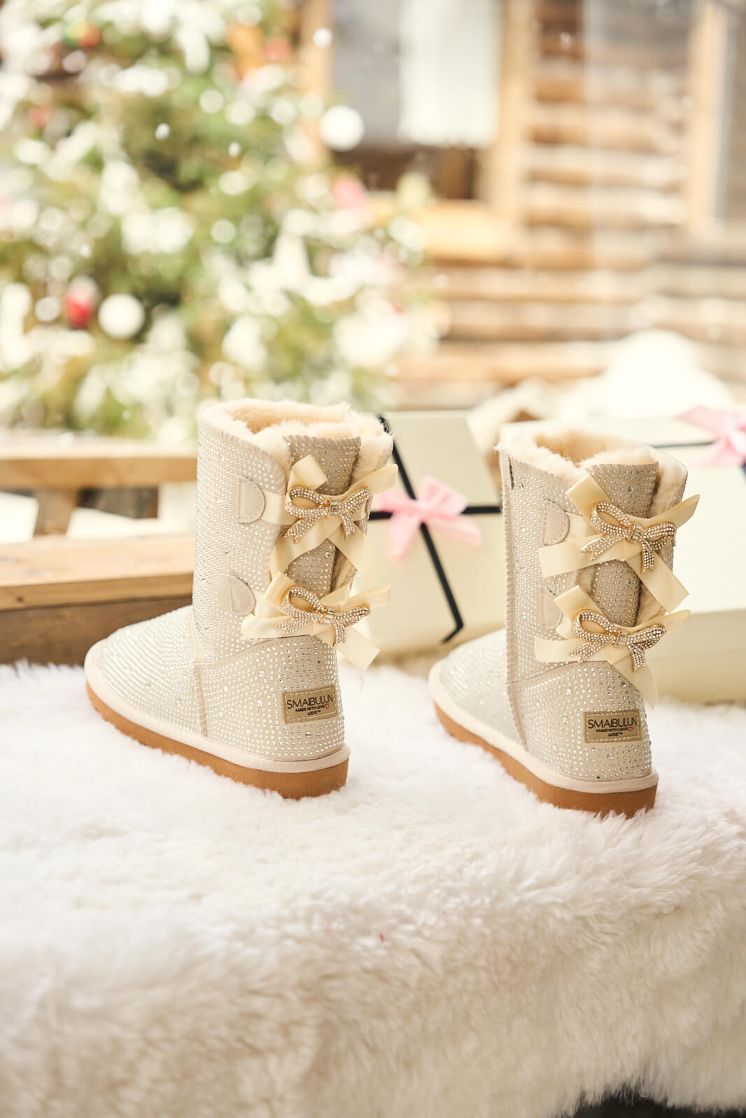 UGG Tay Tay Shine On Stage Diamond Bows Suede Boots - Cream