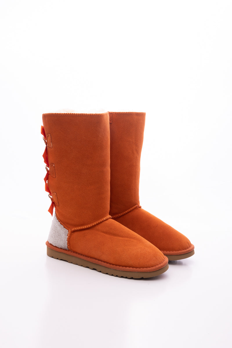 UGG Rhinestone Ribbon Tri-Tie Bow Suede Boots - Orange