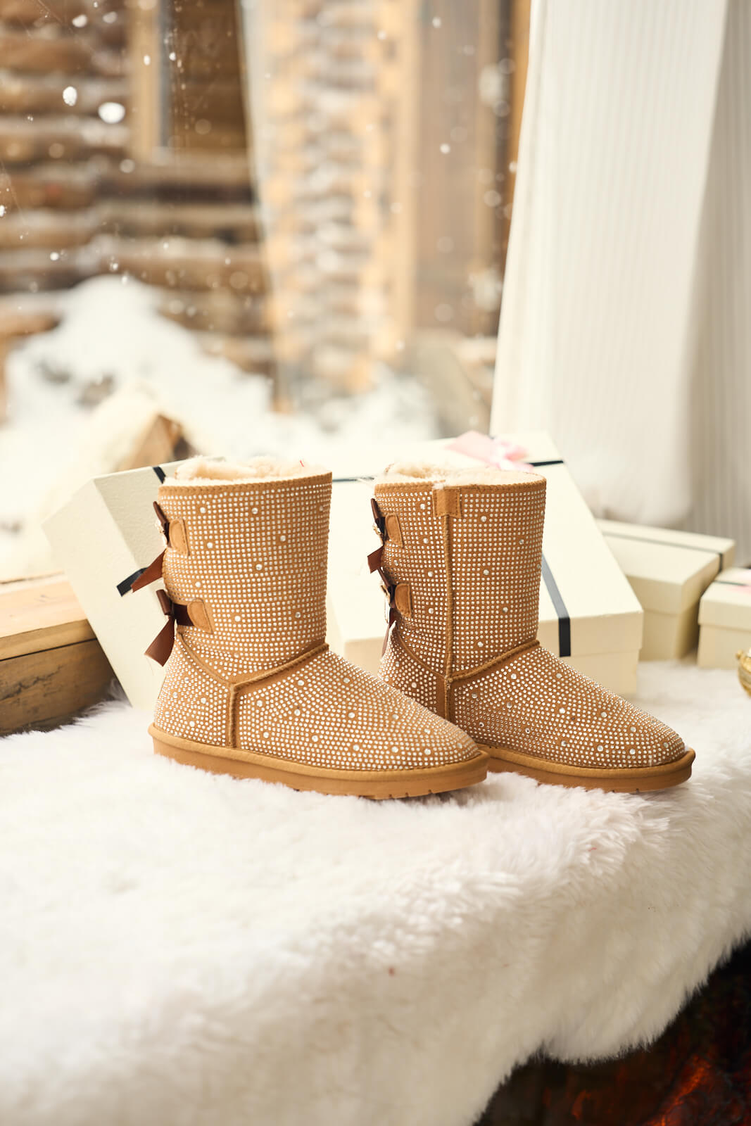 UGG Tay Tay Shine On Stage Diamond Bows Suede Boots - Chestnut