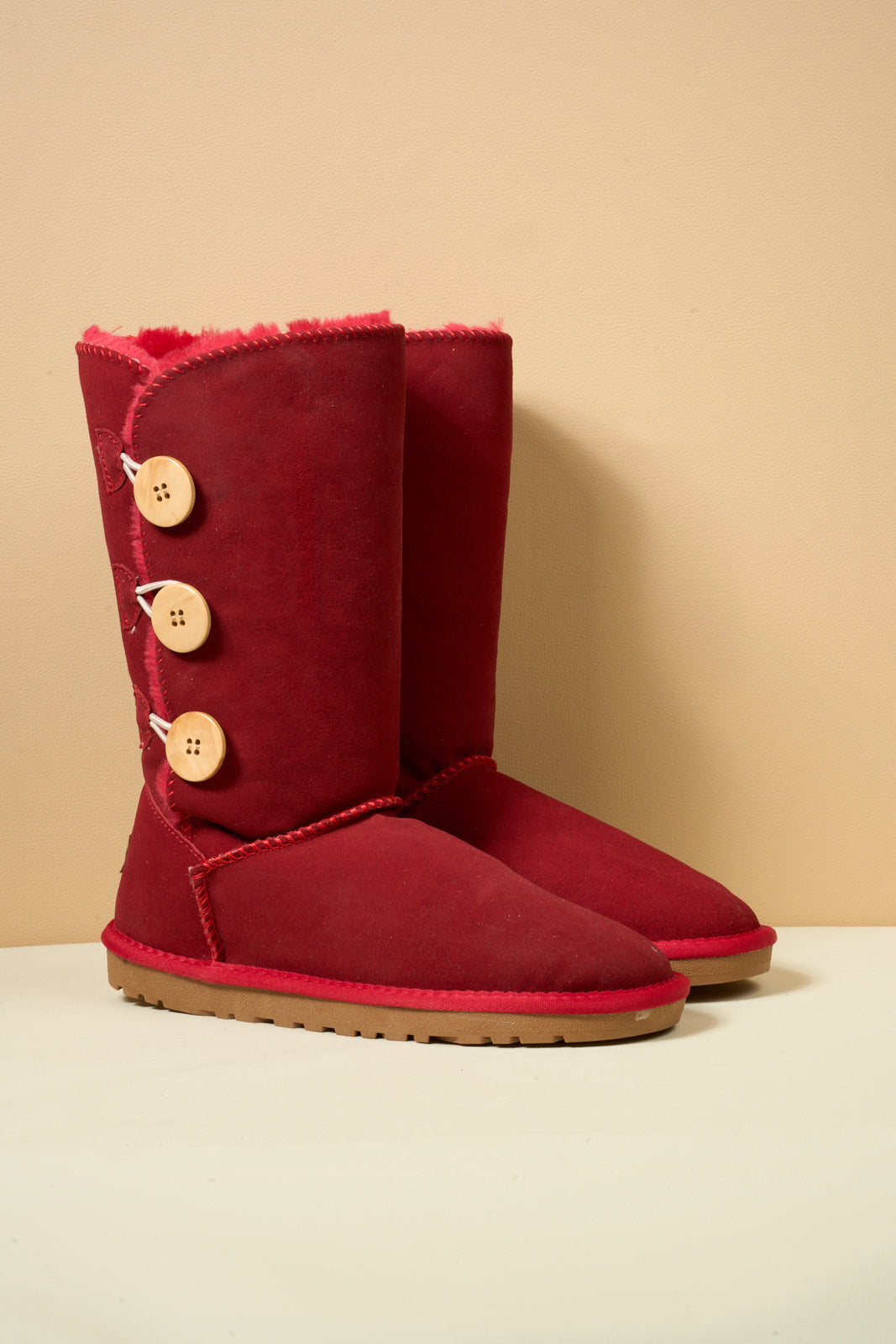 UGG Side Button Faux Fur-Lined Leather Suede Boots - Red