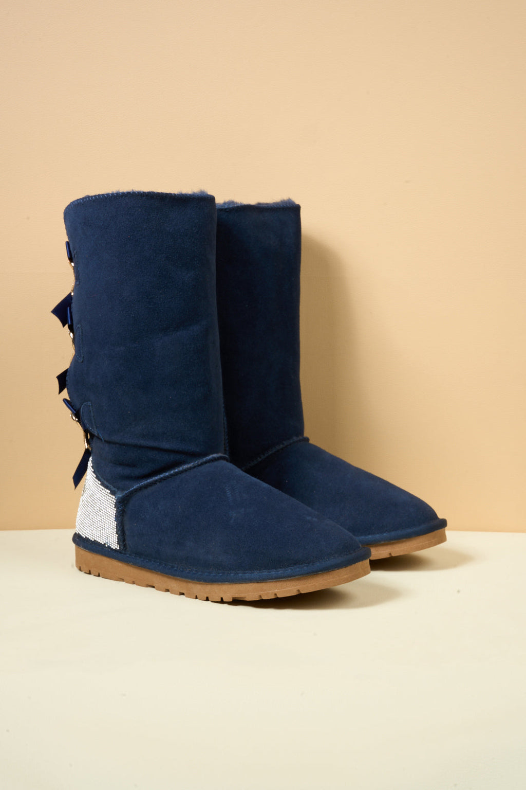 UGG Rhinestone Ribbon Tri-Tie Bow Suede Boots - Navy
