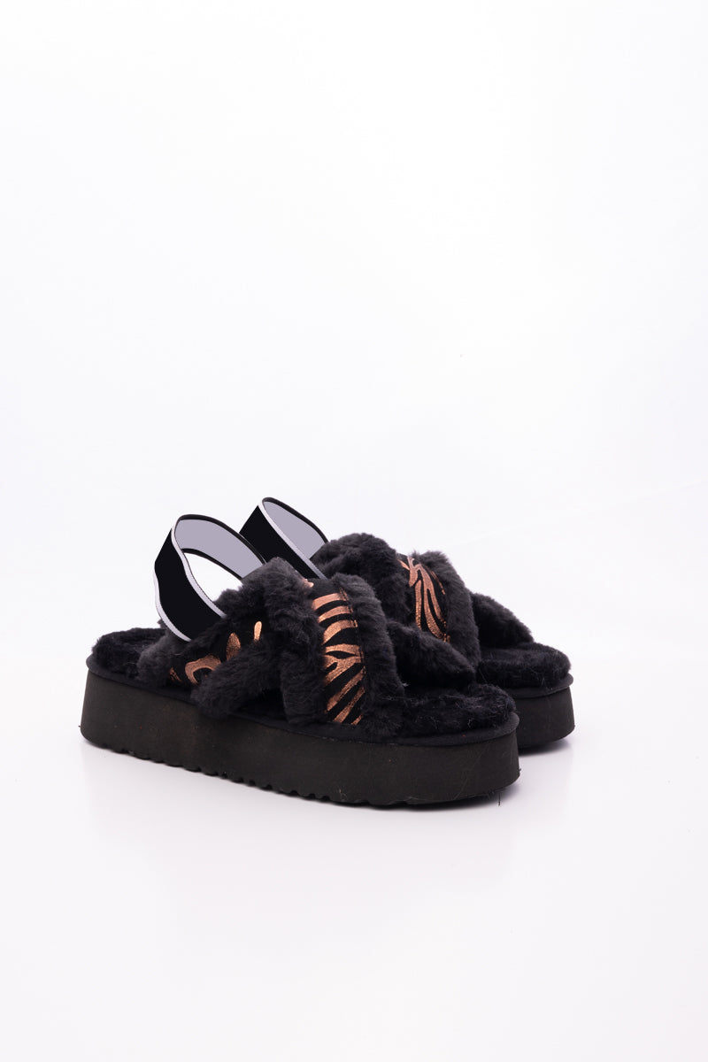 UGG Roar Wool-Lined Criss-Cross Strap Slipper - Black