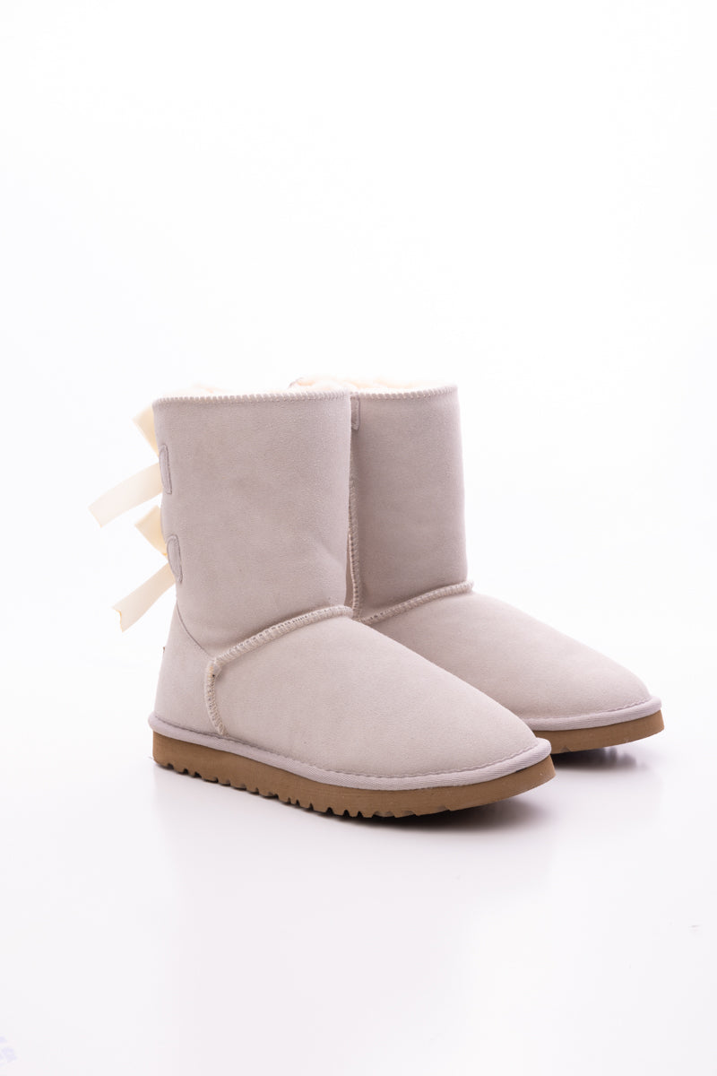 UGG Double Ballet Ribbon Bow Suede Shearling Boots - Ivory