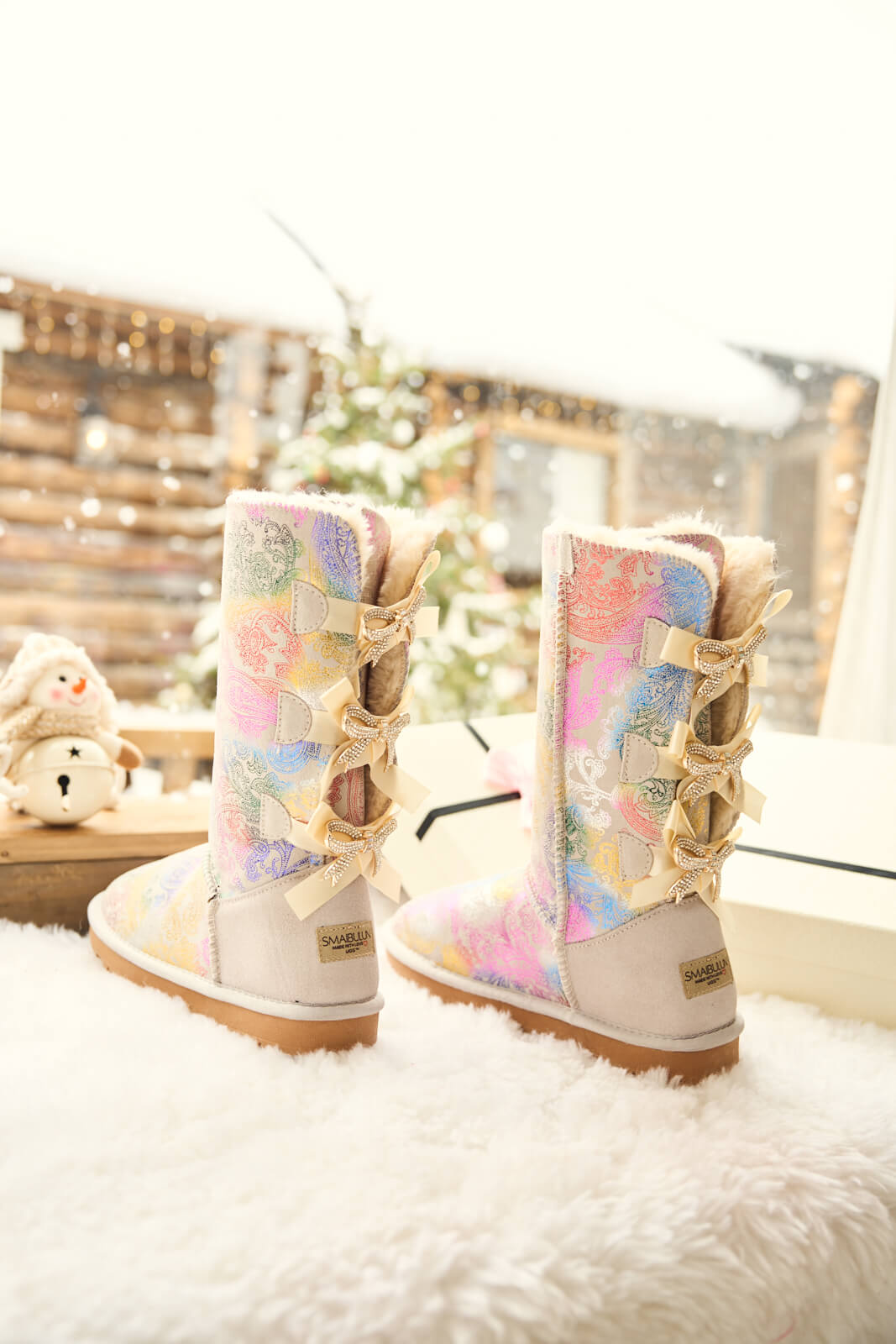UGG Rhinestone Ribbon Tri-Tie Bow Suede Boots - Multi
