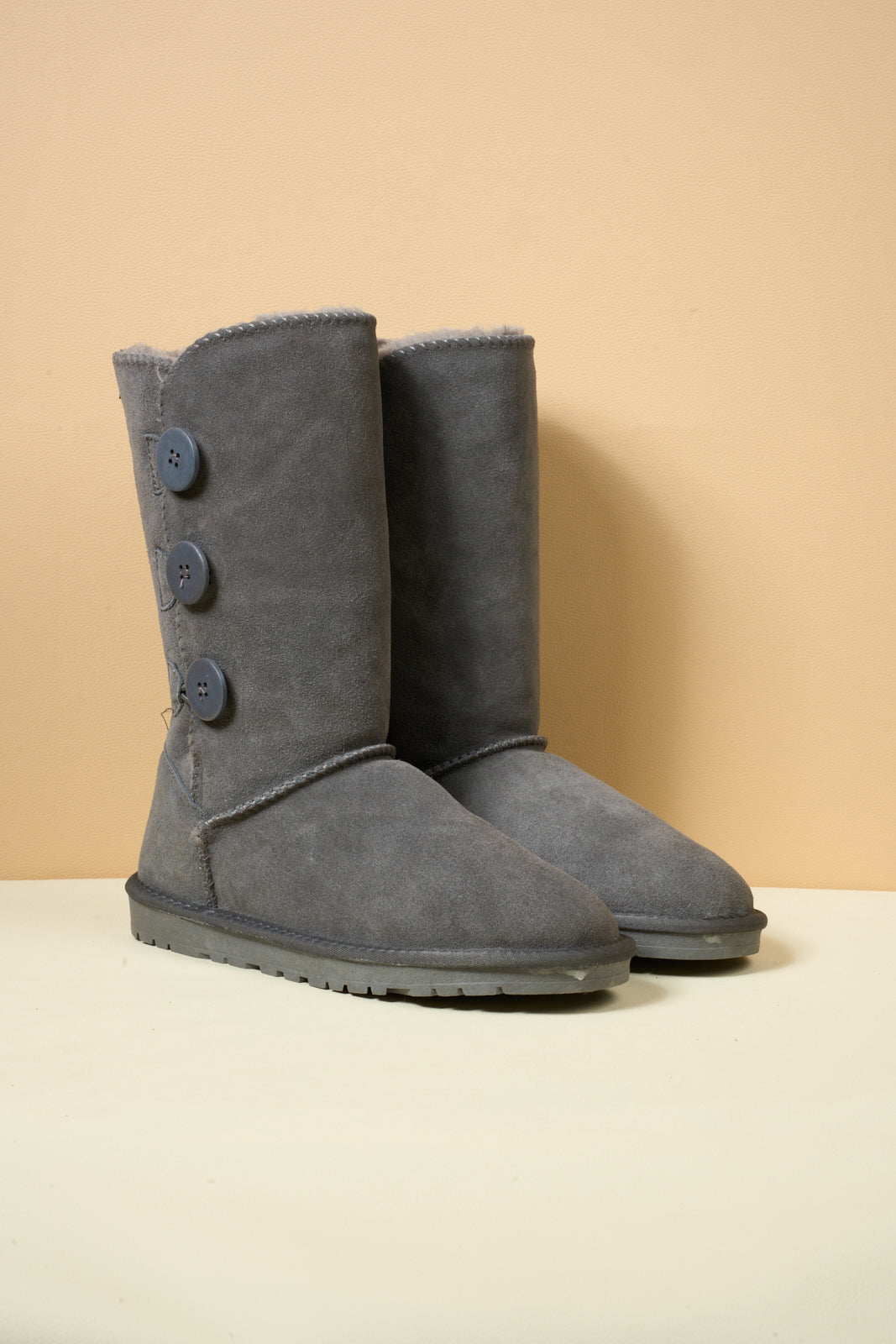 UGG Side Button Faux Fur-Lined Leather Suede Boots - Grey