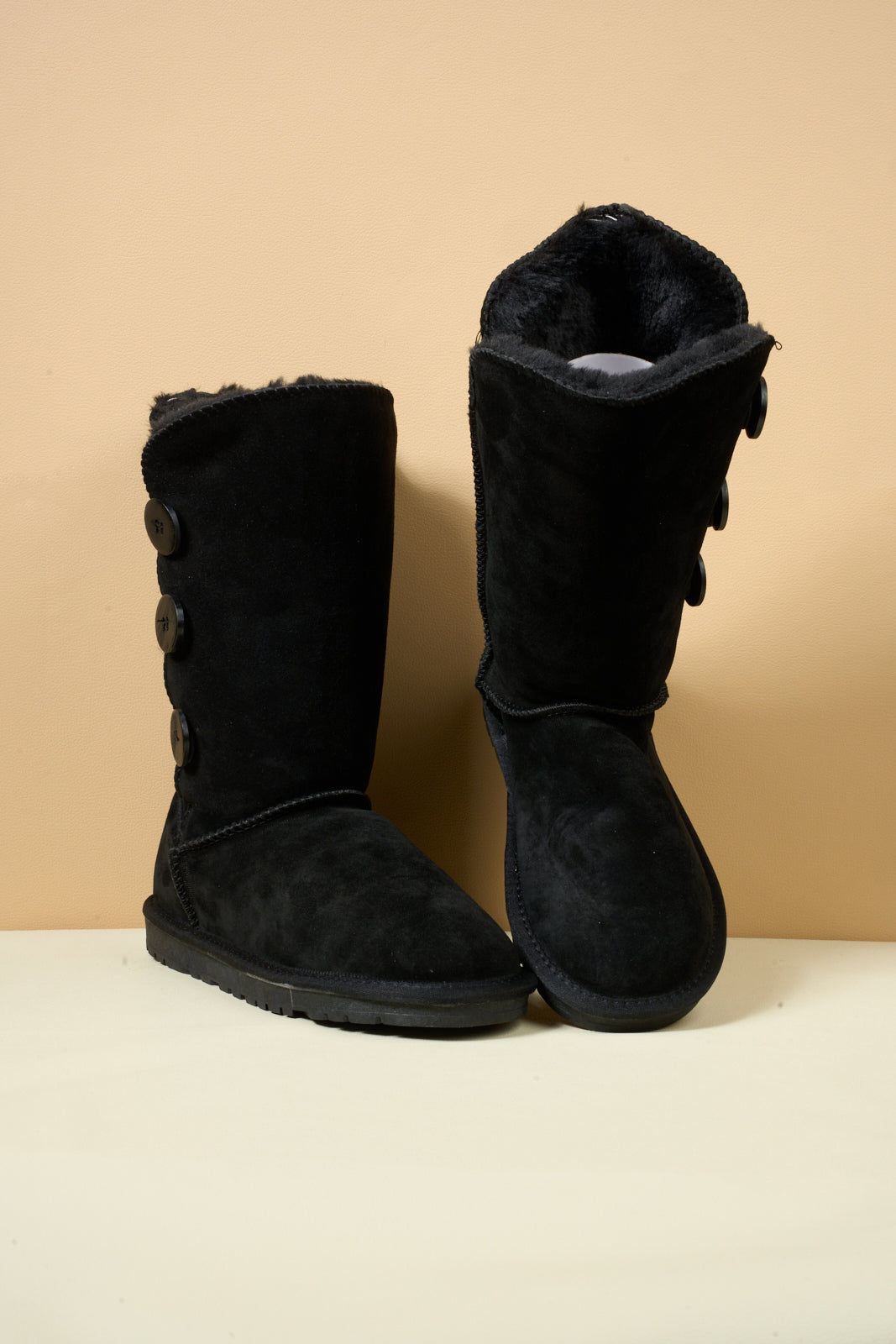 UGG Side Button Faux Fur-Lined Leather Suede Boots - Black