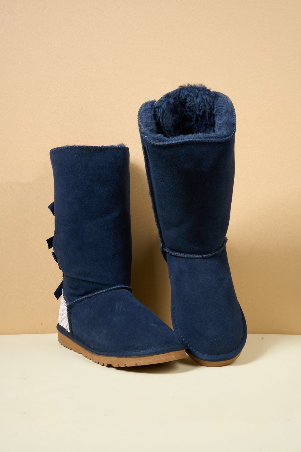 UGG Rhinestone Ribbon Tri-Tie Bow Suede Boots - Navy