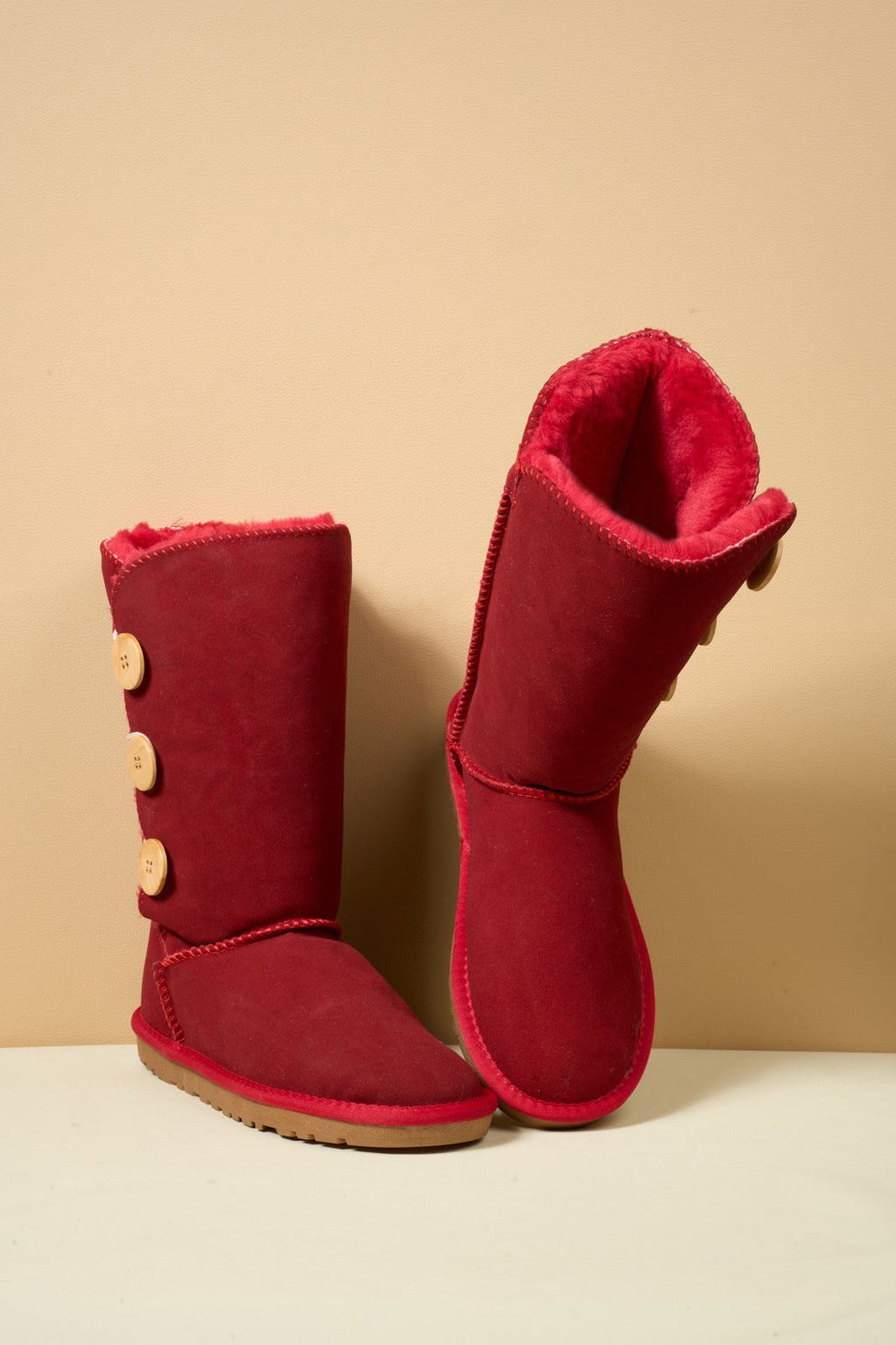 UGG Side Button Faux Fur-Lined Leather Suede Boots - Red