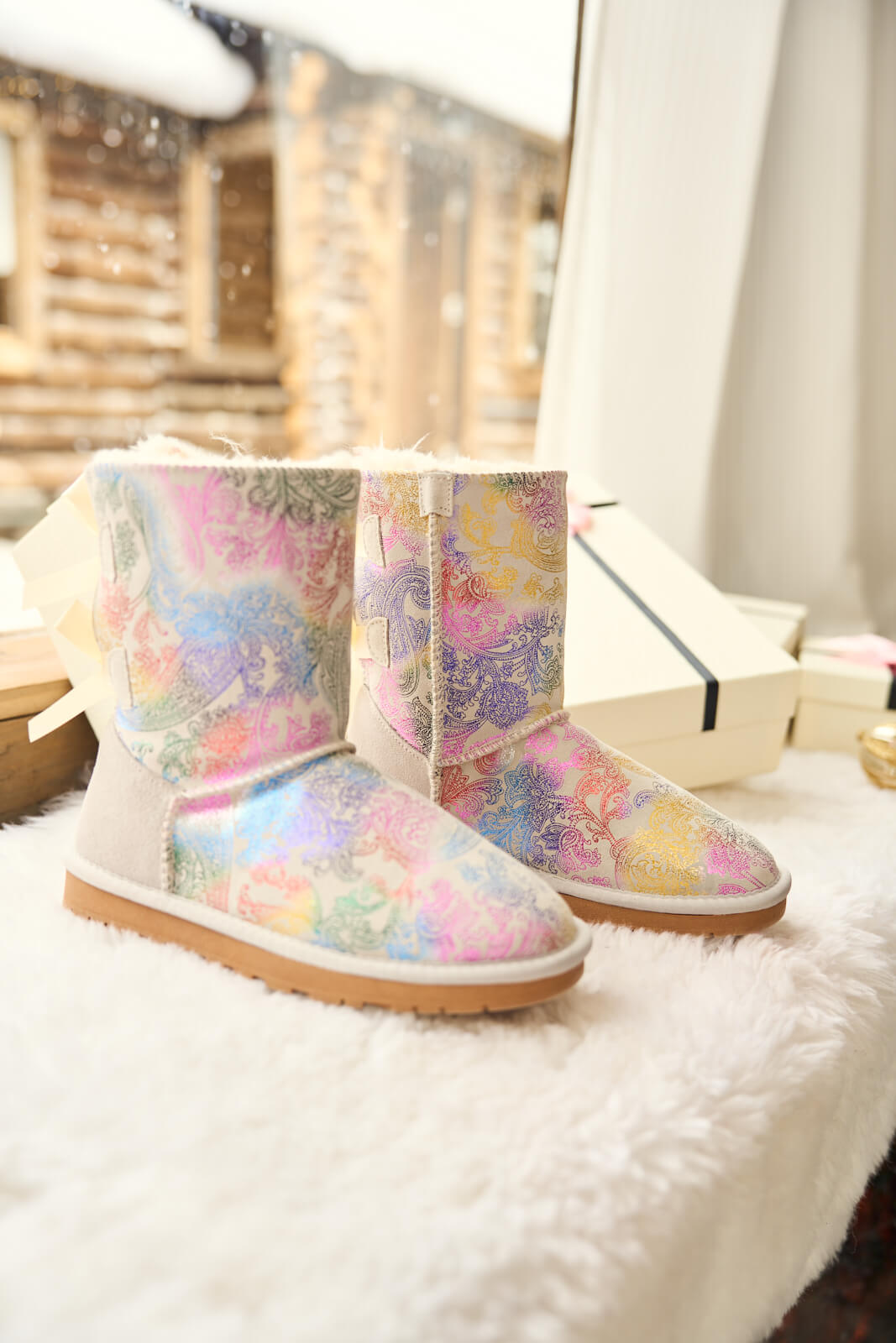 UGG Double Ballet Ribbon Bow Suede Shearling Boots - Multi