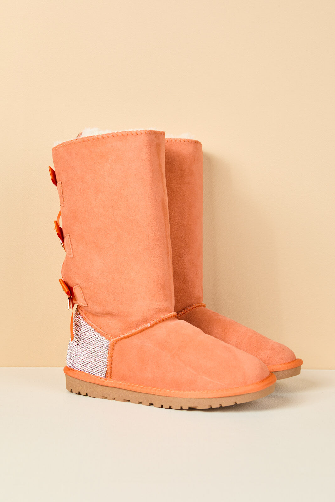 UGG Rhinestone Ribbon Tri-Tie Bow Suede Boots - Tangerine