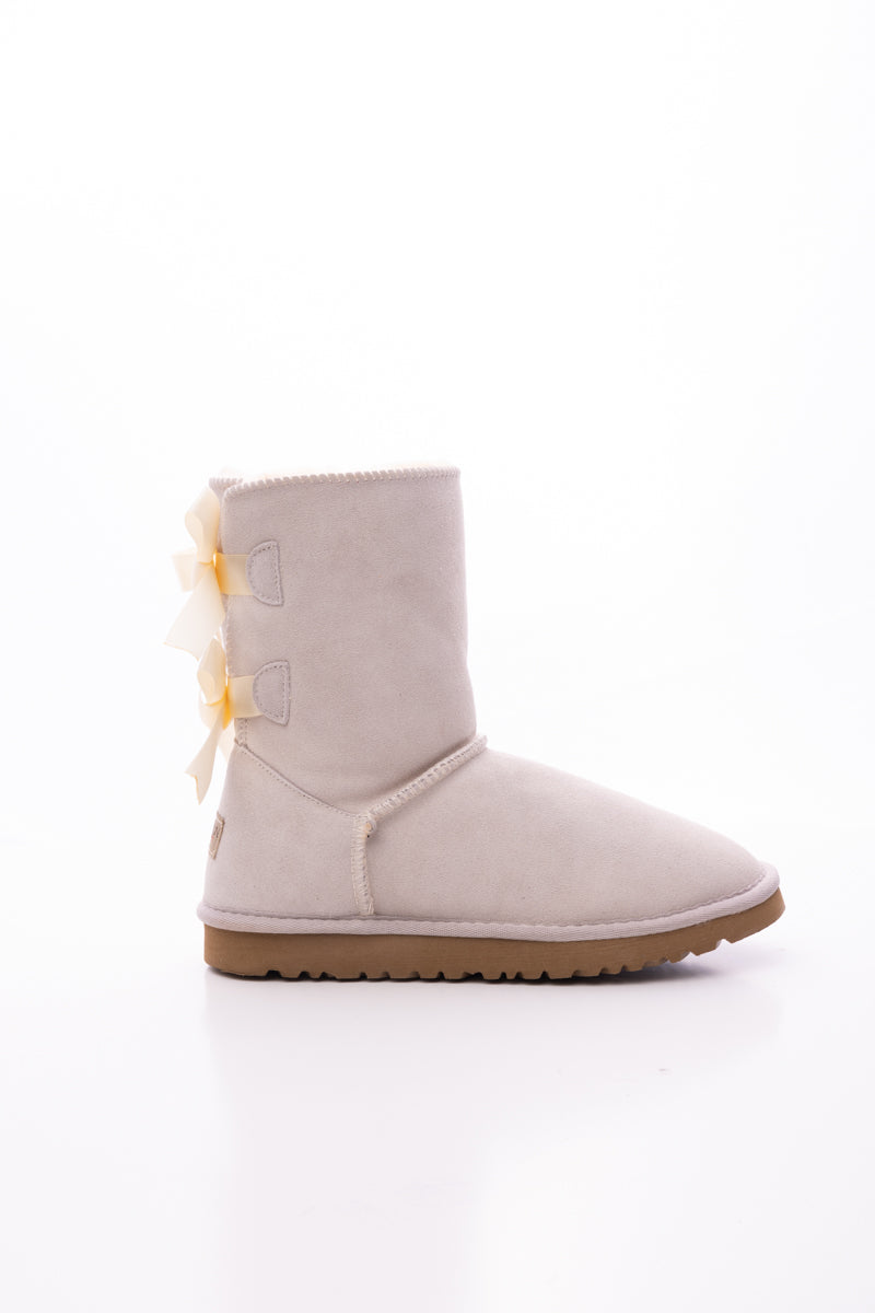 UGG Double Ballet Ribbon Bow Suede Shearling Boots - Ivory