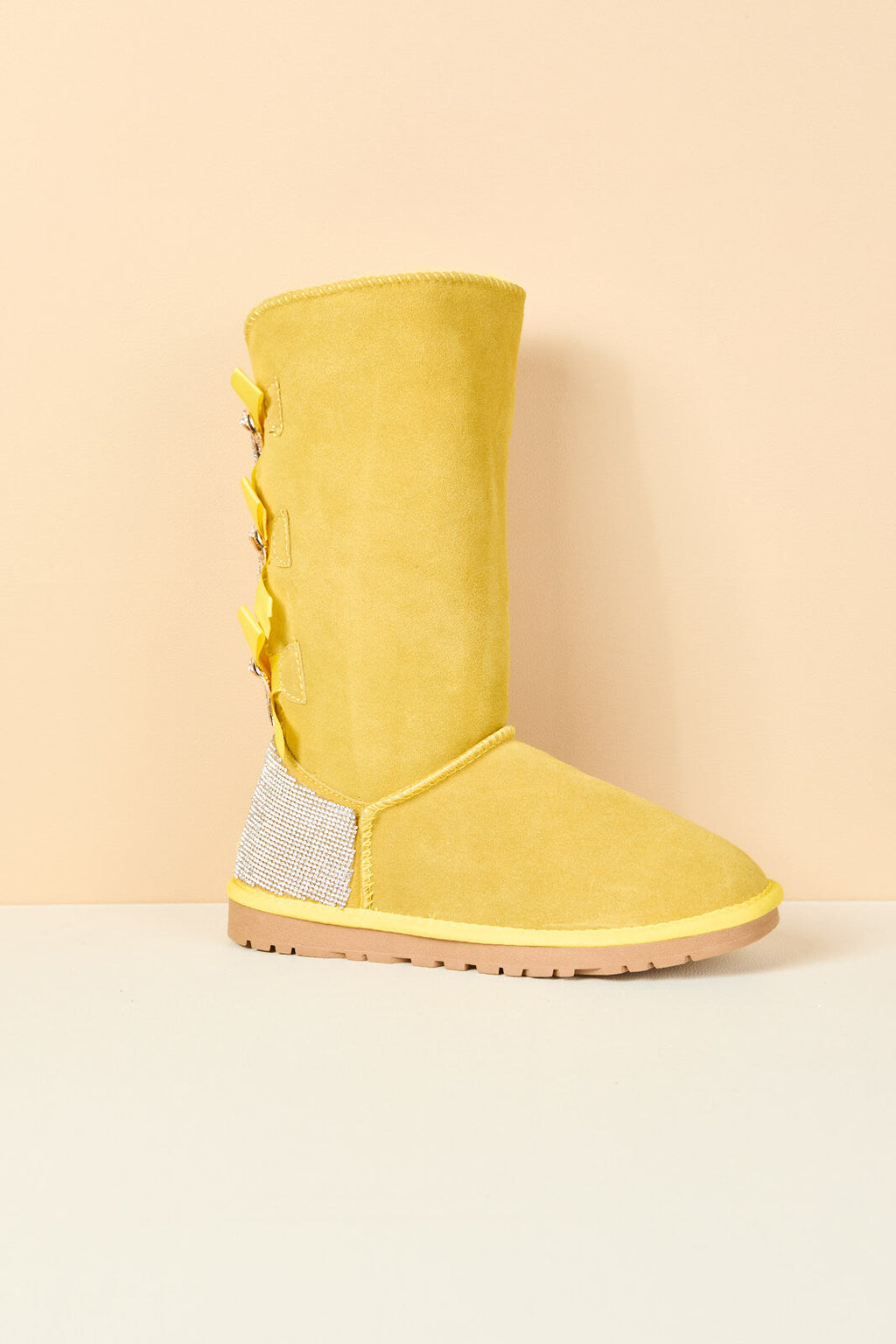 UGG Rhinestone Ribbon Tri-Tie Bow Suede Boots - Lemon