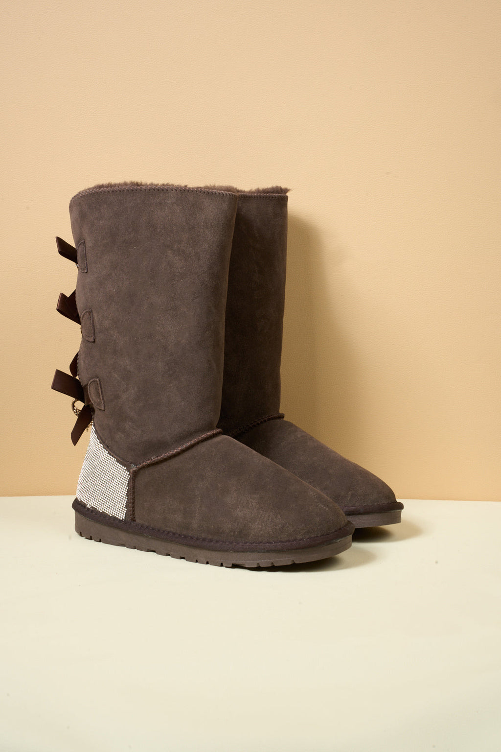 UGG Rhinestone Ribbon Tri-Tie Bow Suede Boots - Brown