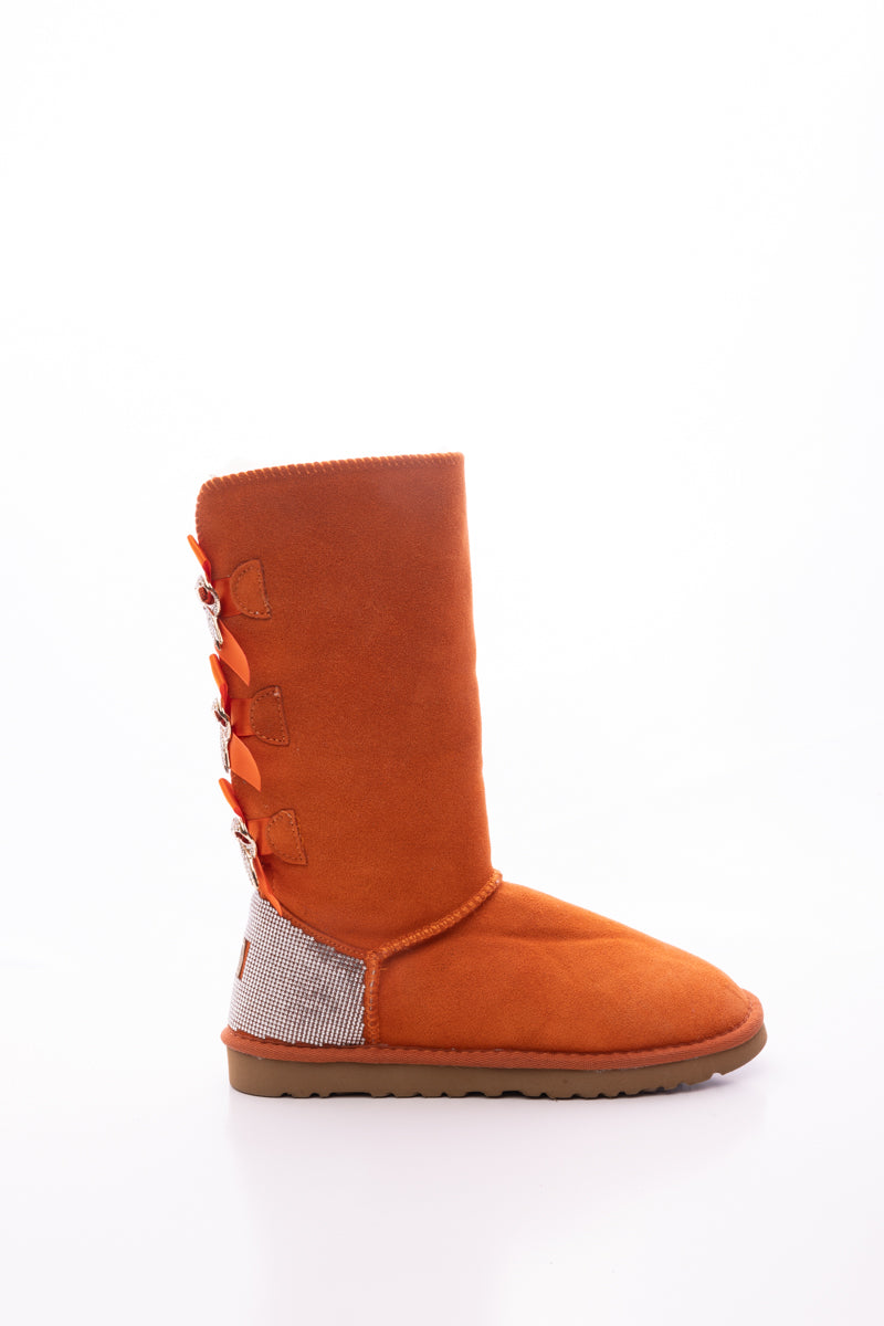 UGG Rhinestone Ribbon Tri-Tie Bow Suede Boots - Orange