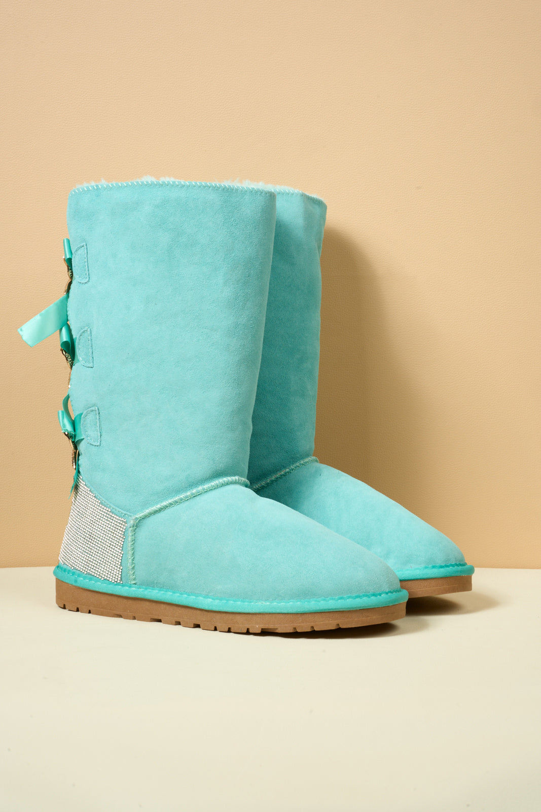 UGG Rhinestone Ribbon Tri-Tie Bow Suede Boots - Turquoise