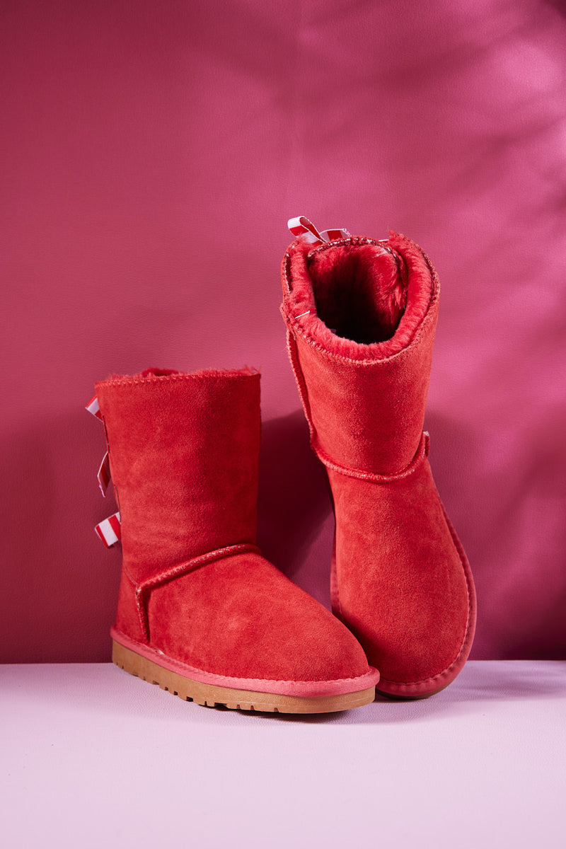 UGG Serenity Striped Bailey Bow Shearling Boots - Red