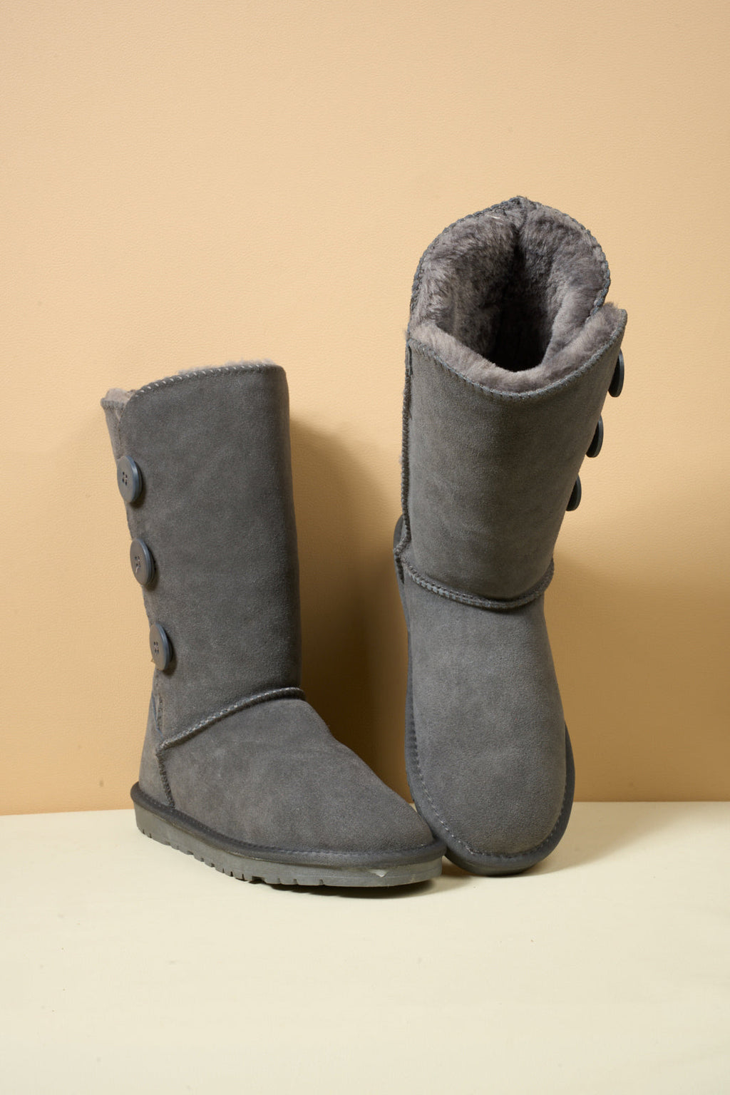 UGG Side Button Faux Fur-Lined Leather Suede Boots - Grey