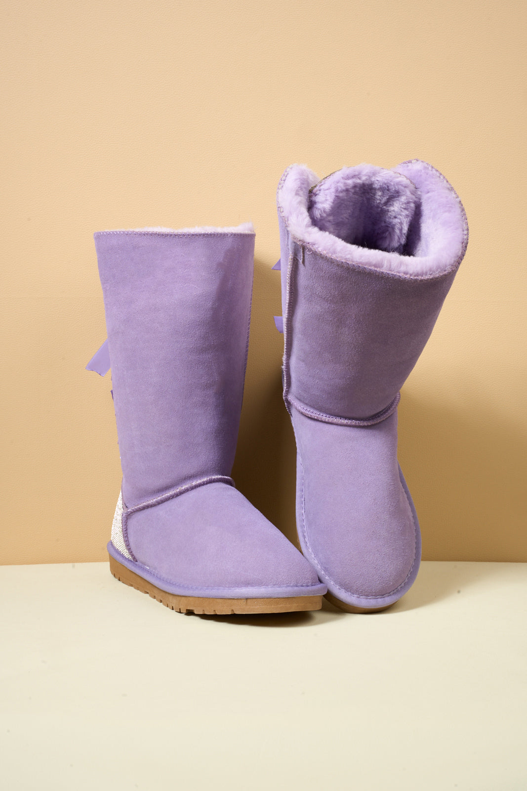 UGG Rhinestone Ribbon Tri-Tie Bow Suede Boots - Lavender