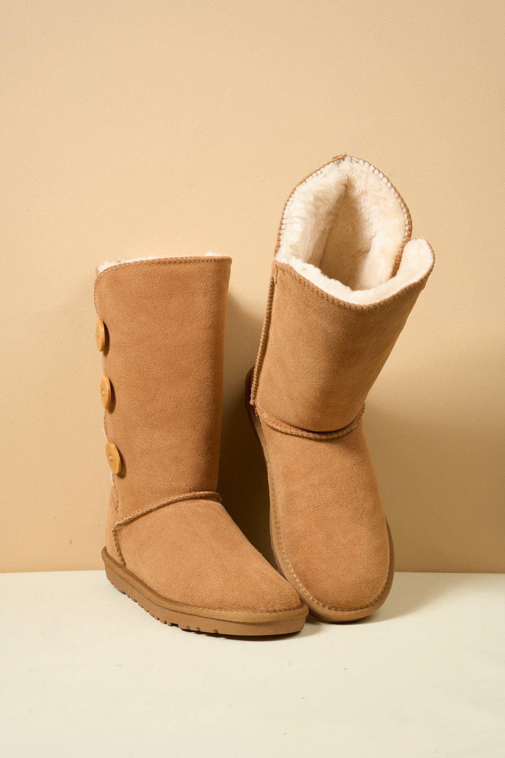 UGG Side Button Faux Fur-Lined Leather Suede Boots - Chestnut
