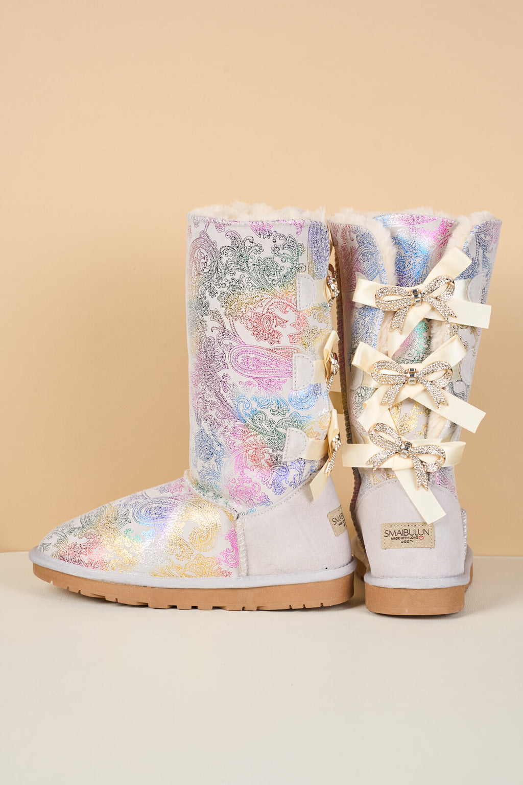 UGG Rhinestone Ribbon Tri-Tie Bow Suede Boots - Multi