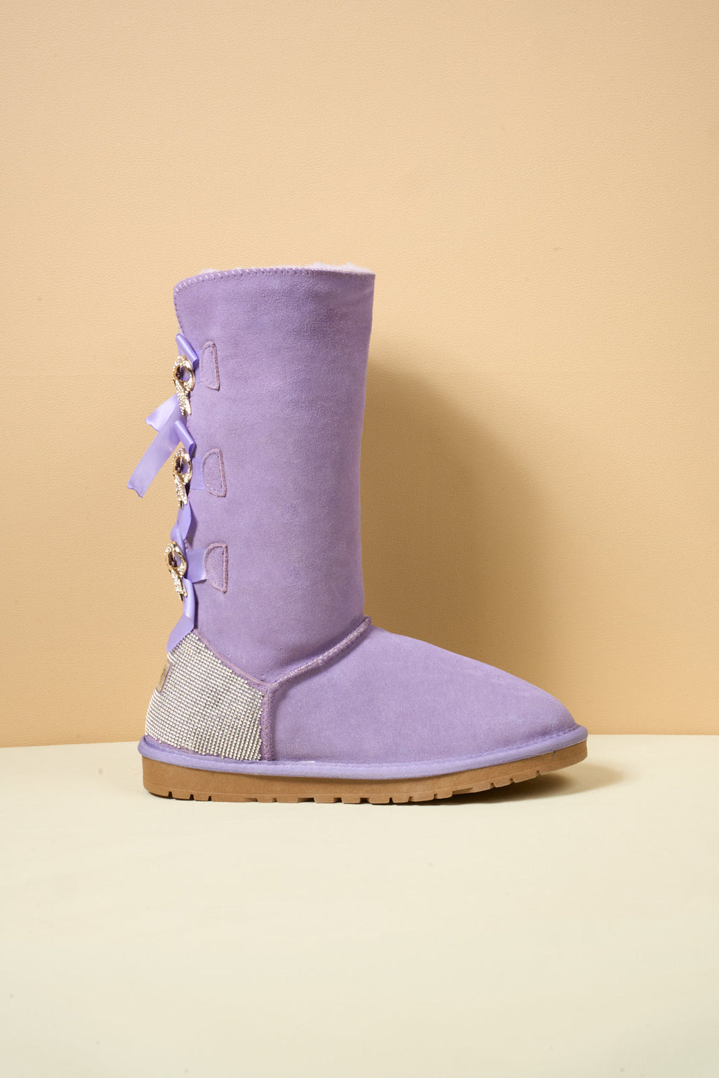 UGG Rhinestone Ribbon Tri-Tie Bow Suede Boots - Lavender