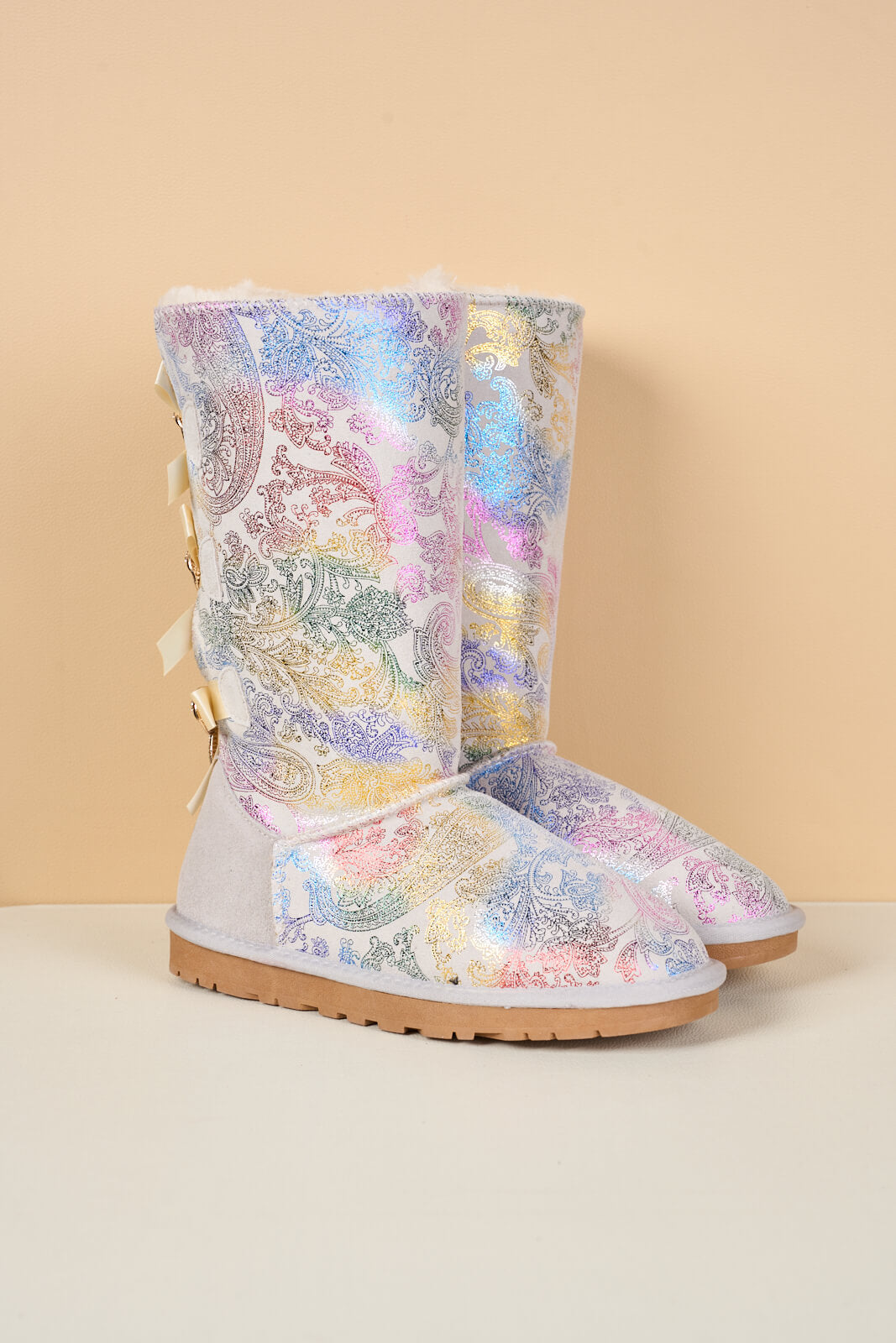 UGG Rhinestone Ribbon Tri-Tie Bow Suede Boots - Multi