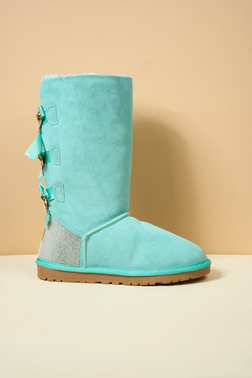 UGG Rhinestone Ribbon Tri-Tie Bow Suede Boots - Turquoise