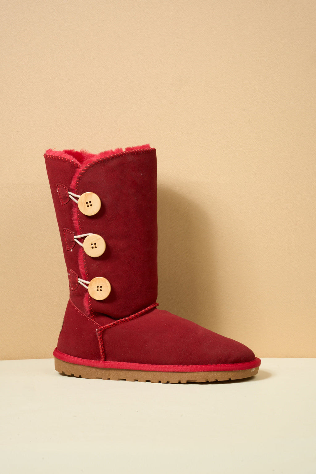 UGG Side Button Faux Fur-Lined Leather Suede Boots - Red