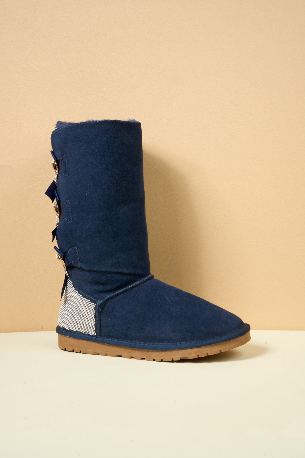 UGG Rhinestone Ribbon Tri-Tie Bow Suede Boots - Navy