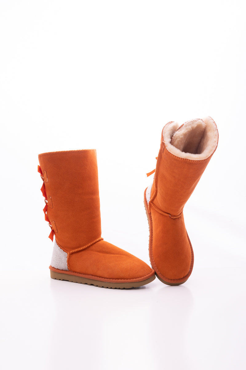 UGG Rhinestone Ribbon Tri-Tie Bow Suede Boots - Orange