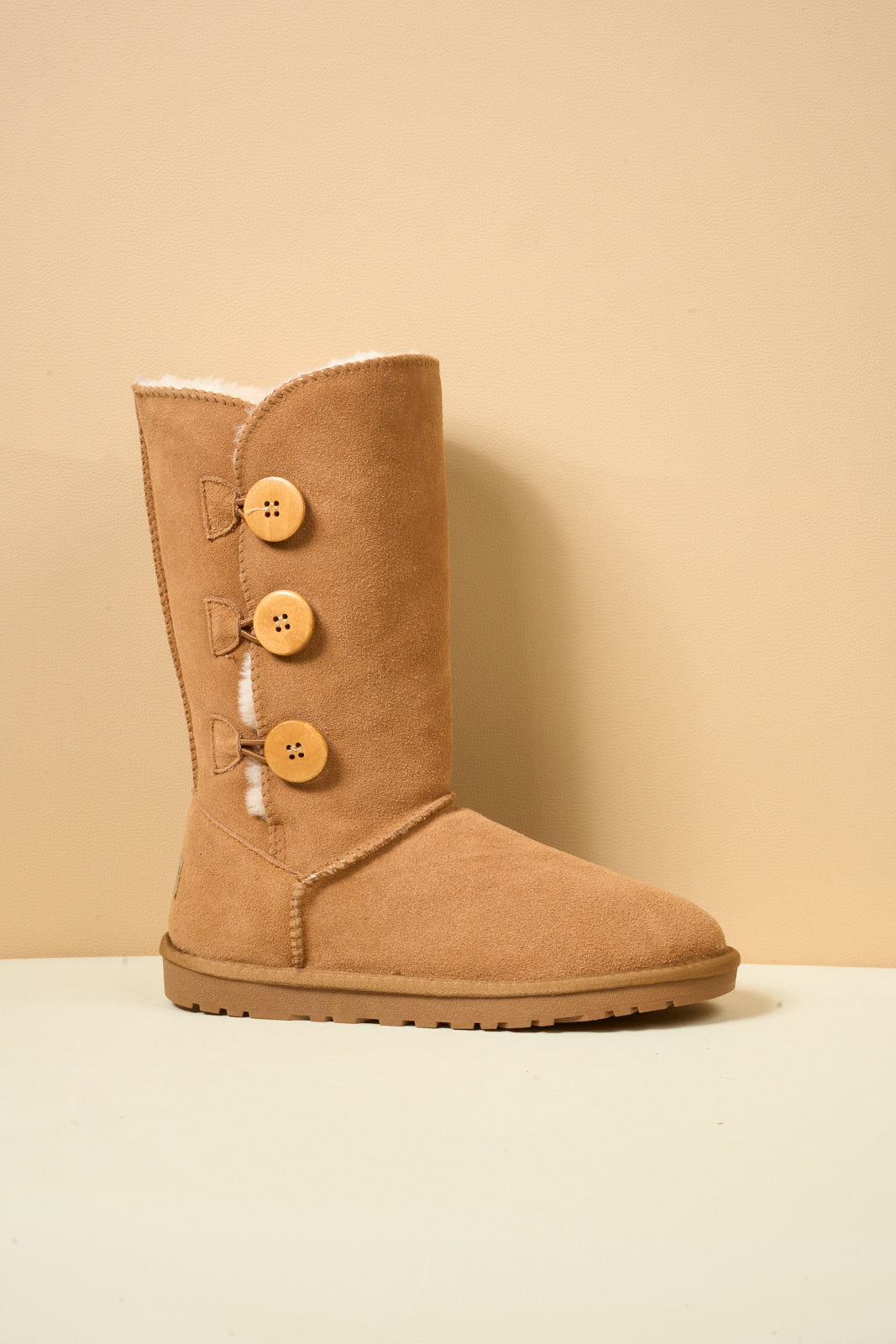 UGG Side Button Faux Fur-Lined Leather Suede Boots - Chestnut