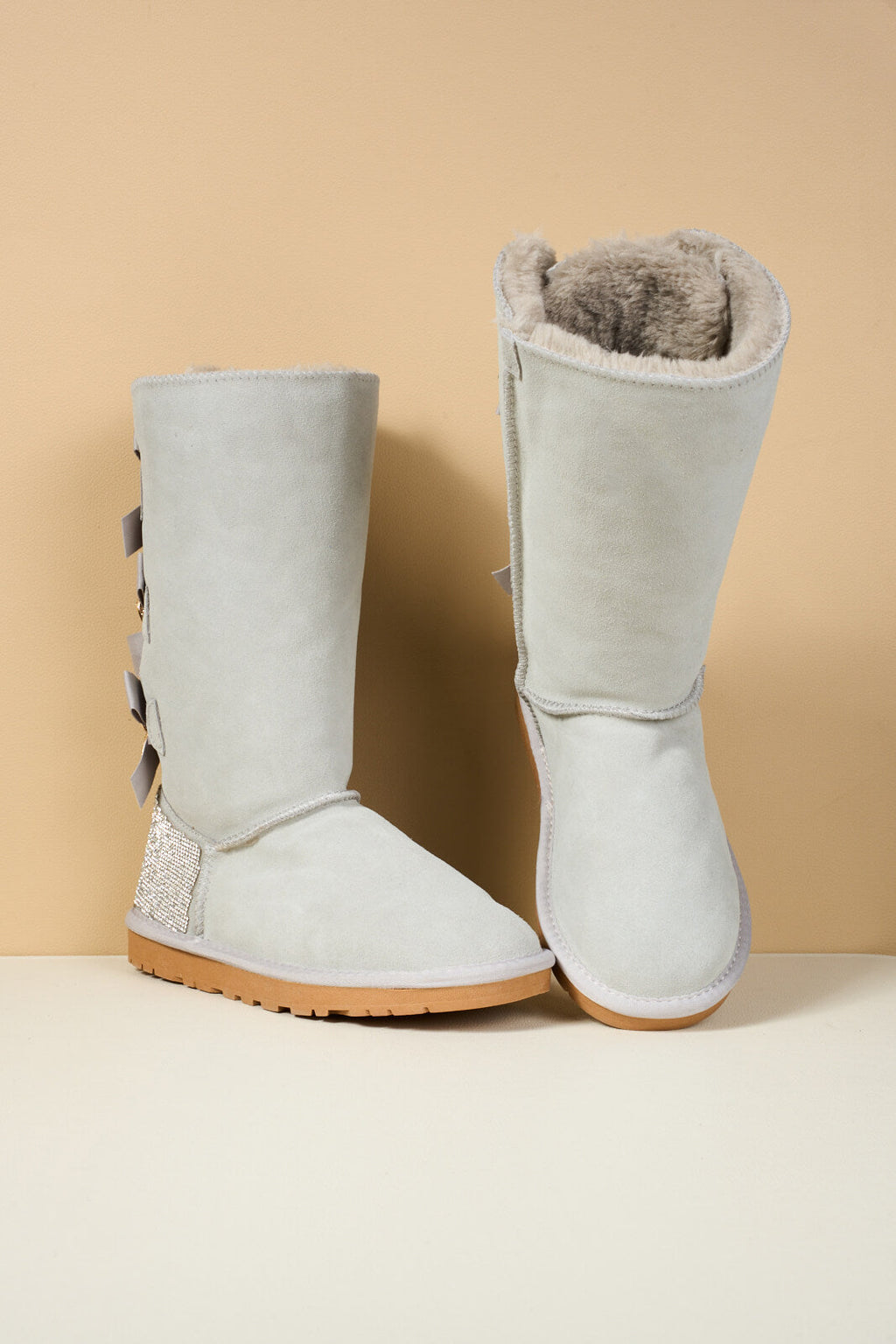 UGG Rhinestone Ribbon Tri-Tie Bow Suede Boots - Pale