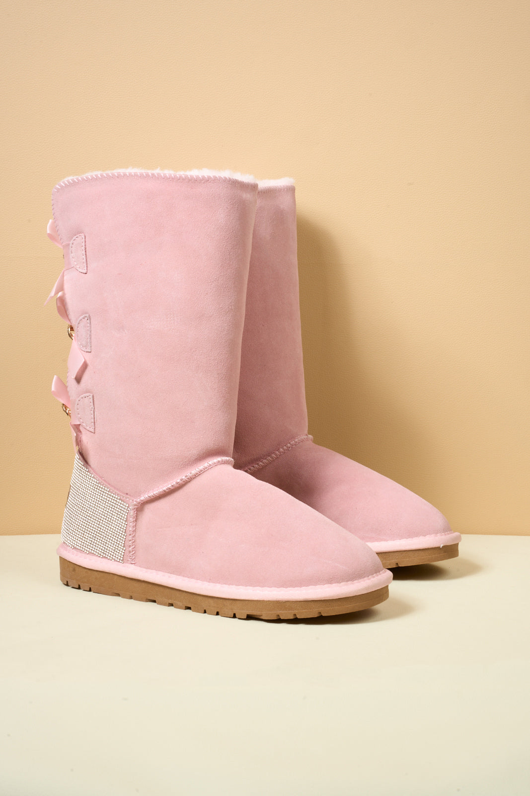 UGG Rhinestone Ribbon Tri-Tie Bow Suede Boots - Pink