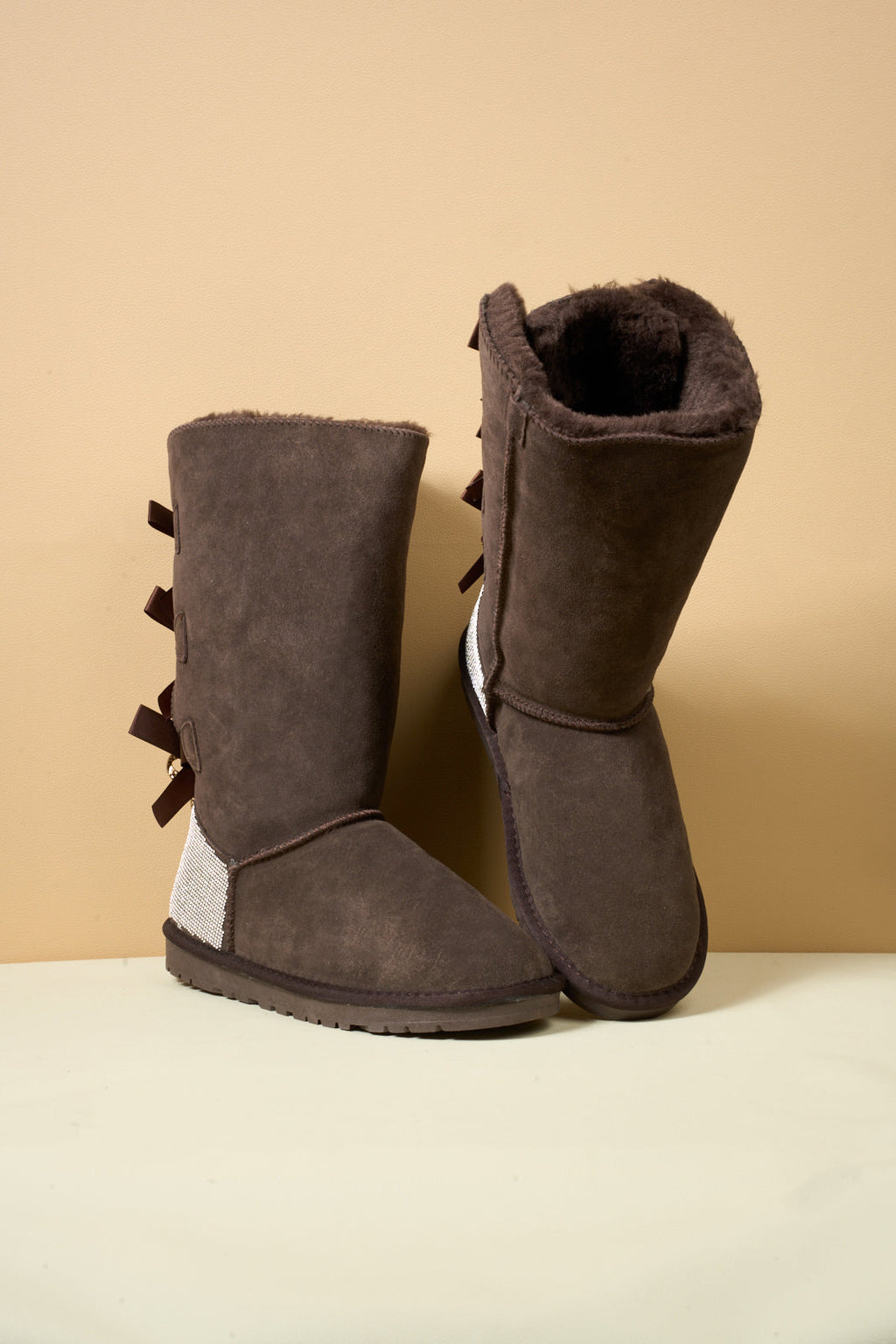 UGG Rhinestone Ribbon Tri-Tie Bow Suede Boots - Brown