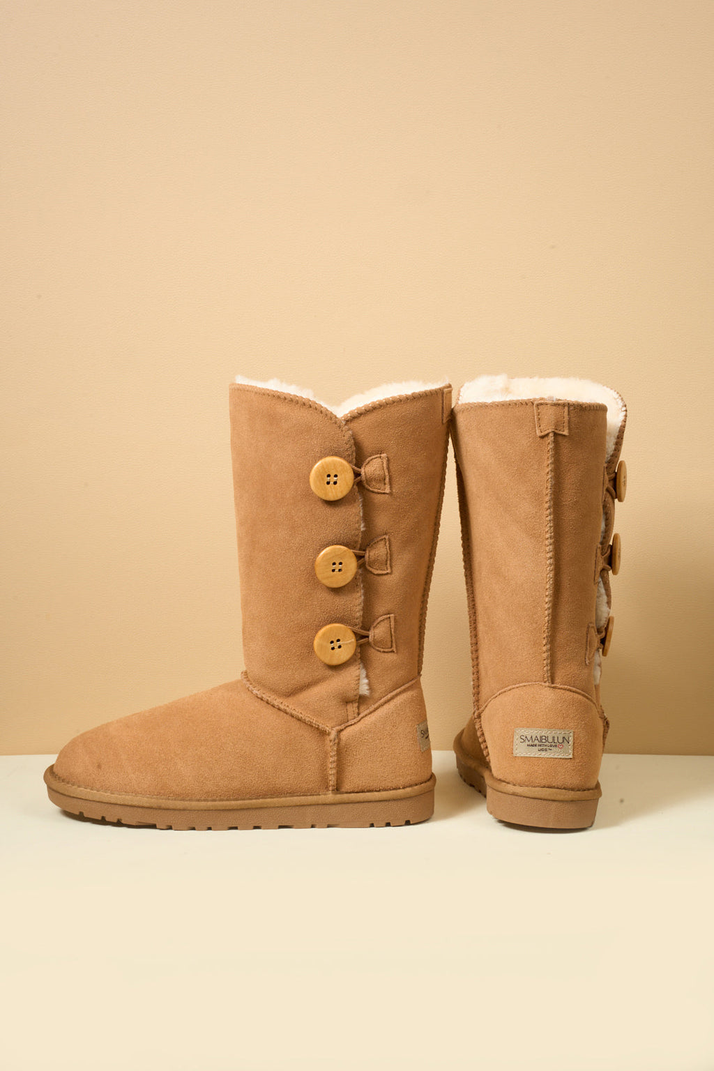 UGG Side Button Faux Fur-Lined Leather Suede Boots - Chestnut