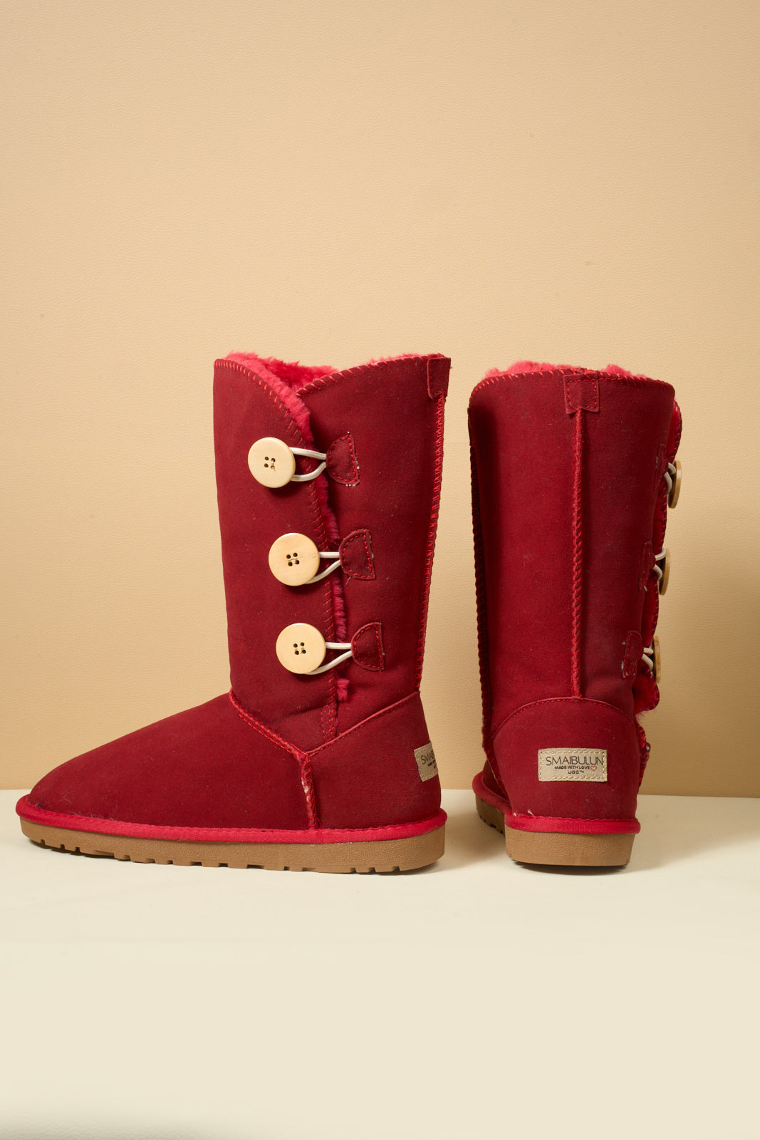 UGG Side Button Faux Fur-Lined Leather Suede Boots - Red