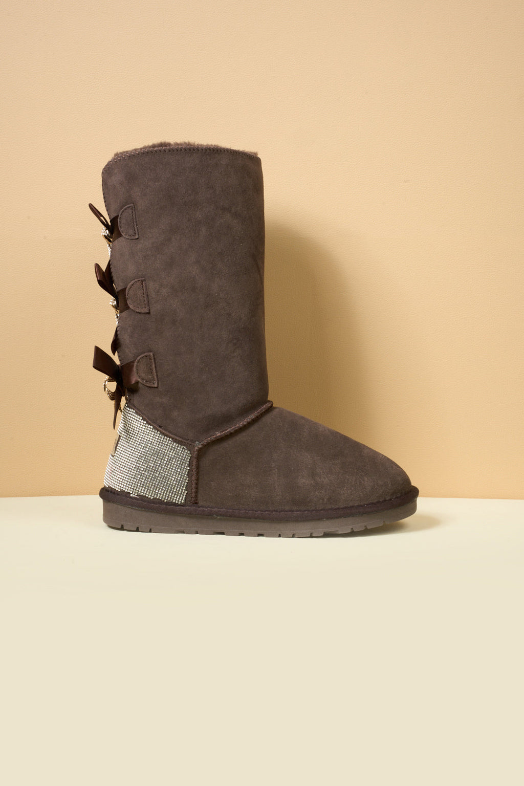 UGG Rhinestone Ribbon Tri-Tie Bow Suede Boots - Brown