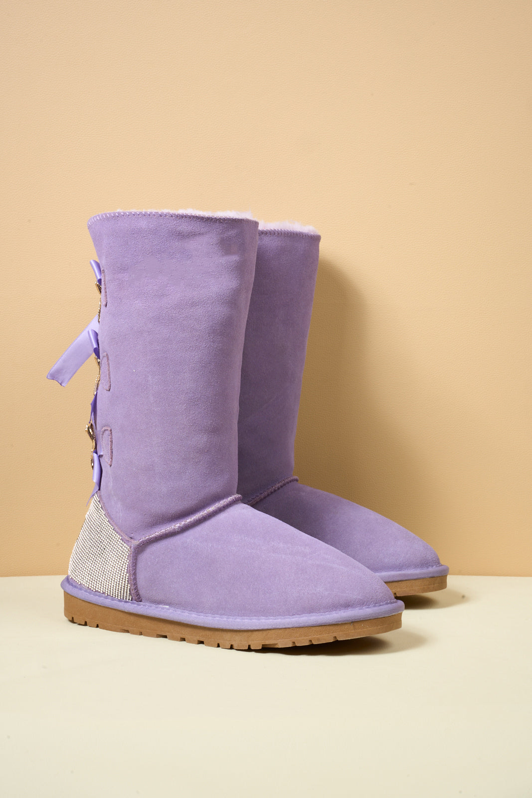 UGG Rhinestone Ribbon Tri-Tie Bow Suede Boots - Lavender