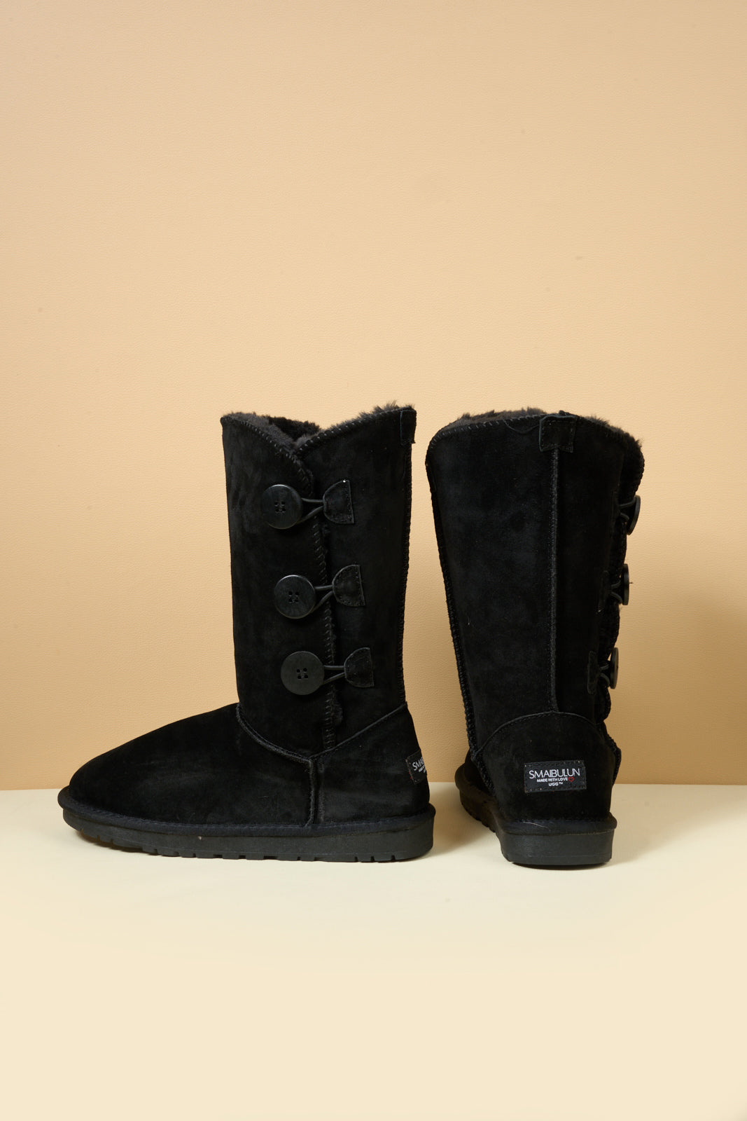 UGG Side Button Faux Fur-Lined Leather Suede Boots - Black