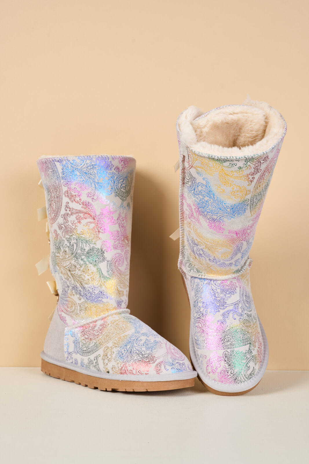 UGG Rhinestone Ribbon Tri-Tie Bow Suede Boots - Multi