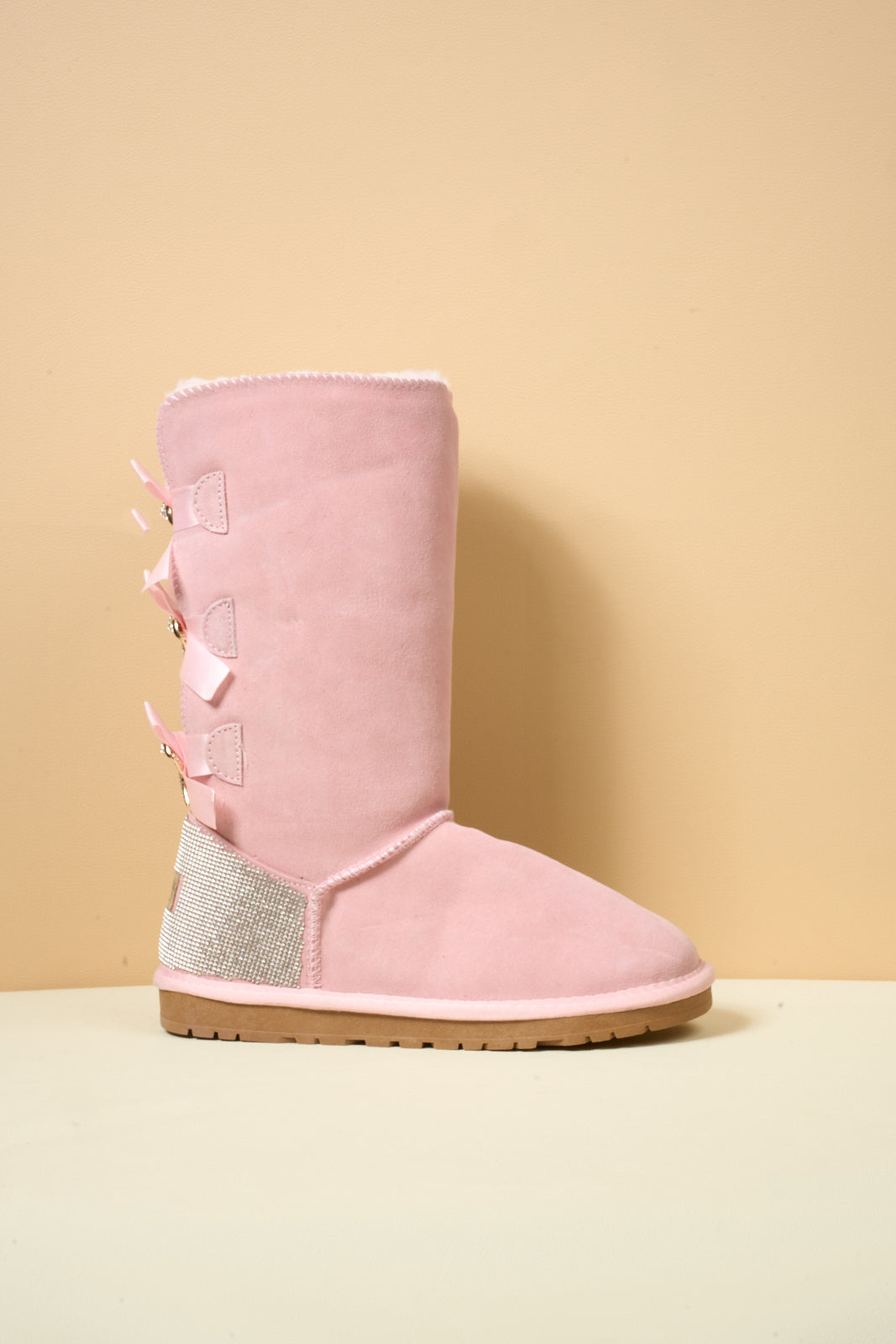 UGG Rhinestone Ribbon Tri-Tie Bow Suede Boots - Pink