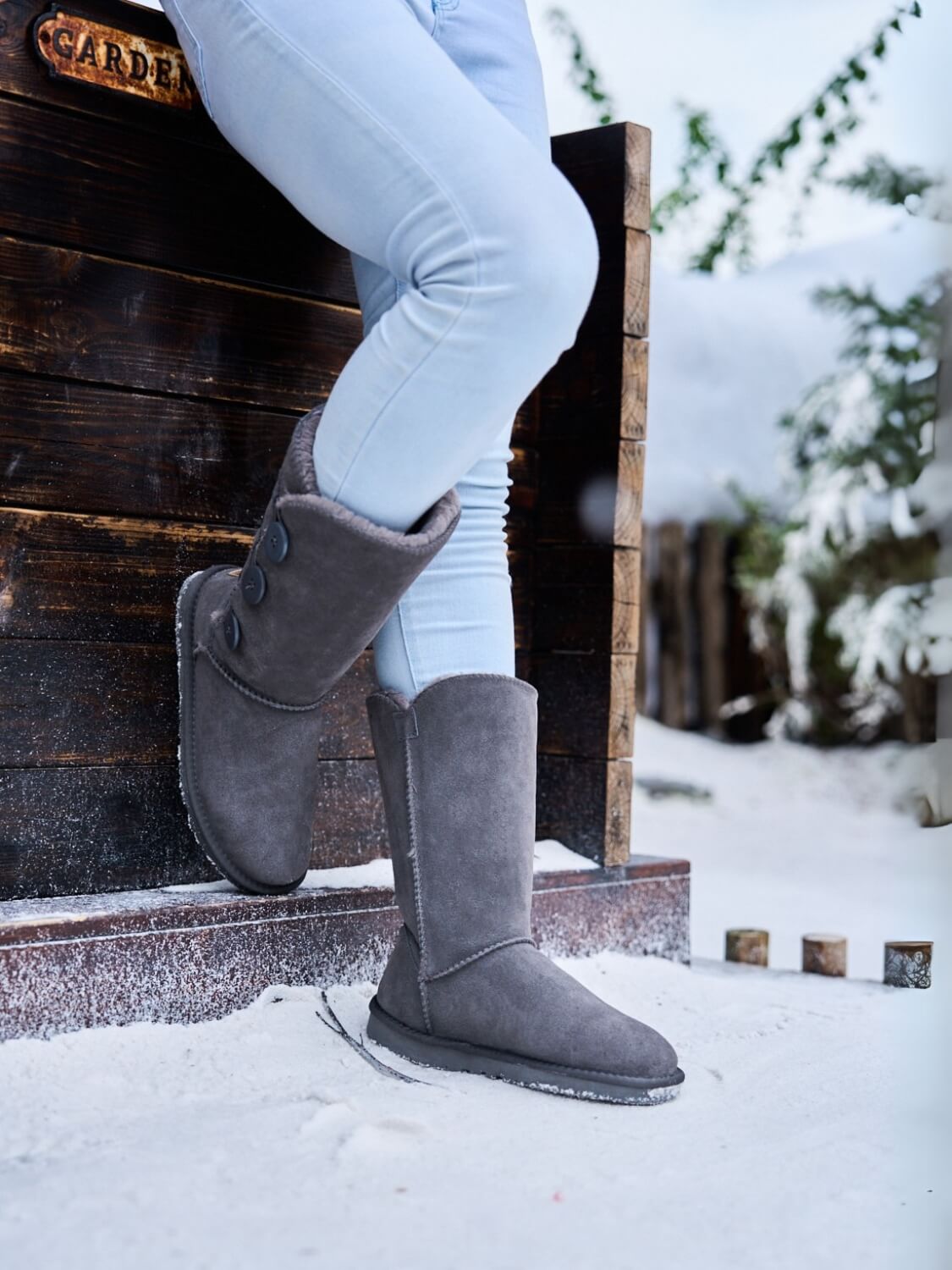 UGG Side Button Faux Fur-Lined Leather Suede Boots - Grey