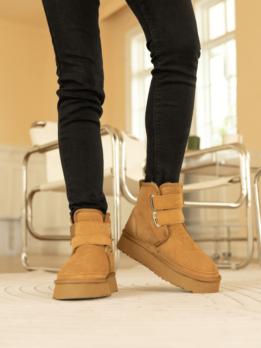 UGG Montford Wool-Lined Buckle Up Platform Boots – Chestnut