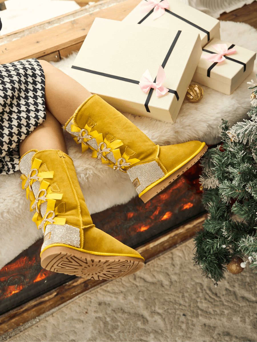 UGG Rhinestone Ribbon Tri-Tie Bow Suede Boots - Lemon