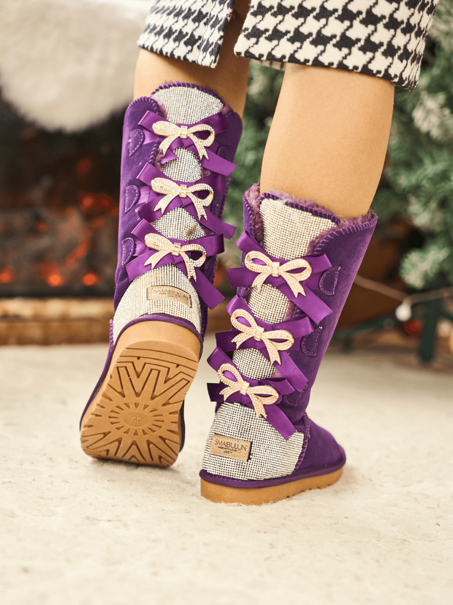 UGG Rhinestone Ribbon Tri-Tie Bow Suede Boots - Violet