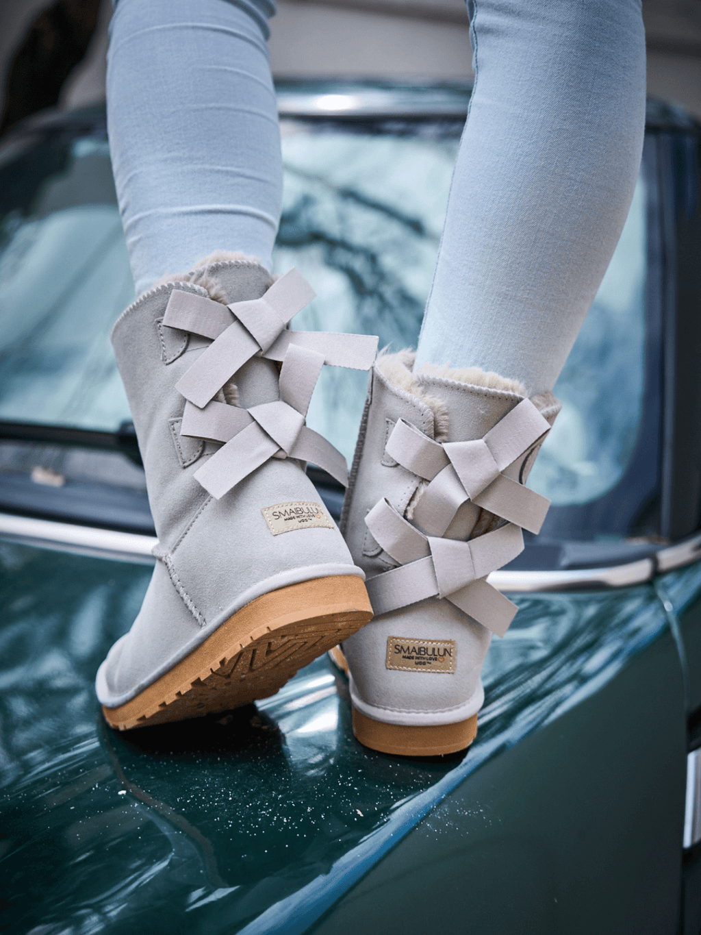 UGG Double Ballet Ribbon Bow Suede Shearling Boots - Pale